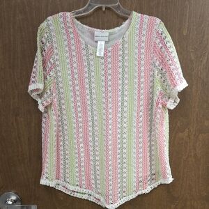 New York & Company Lace Striped Top - Pink, Green, White